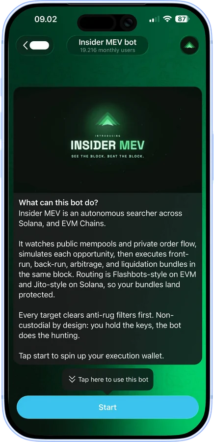Insider MEV bot open in Telegram